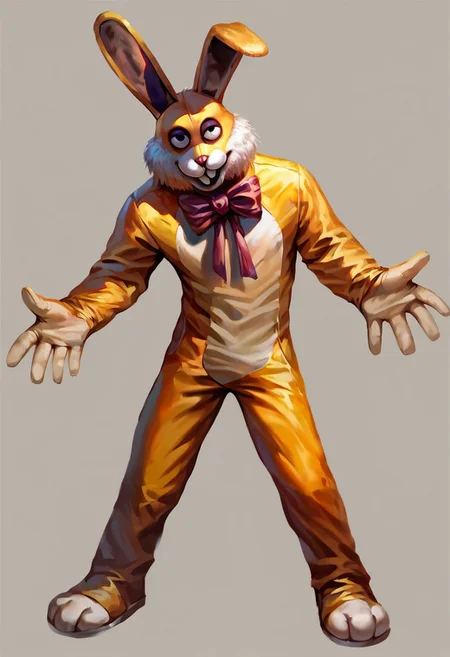 score_9, score_8_up, score_7_up, (luckytherabbit), source_furry, full body, solo, (yellow fur, rabbit costume), (masterpiece, best quality:1.2), (perfect hands, perfect anatomy), (detailed face, detailed body), purple bow, black eyes, beautiful eyes, male, correct eyes, solo, concept art, realistic