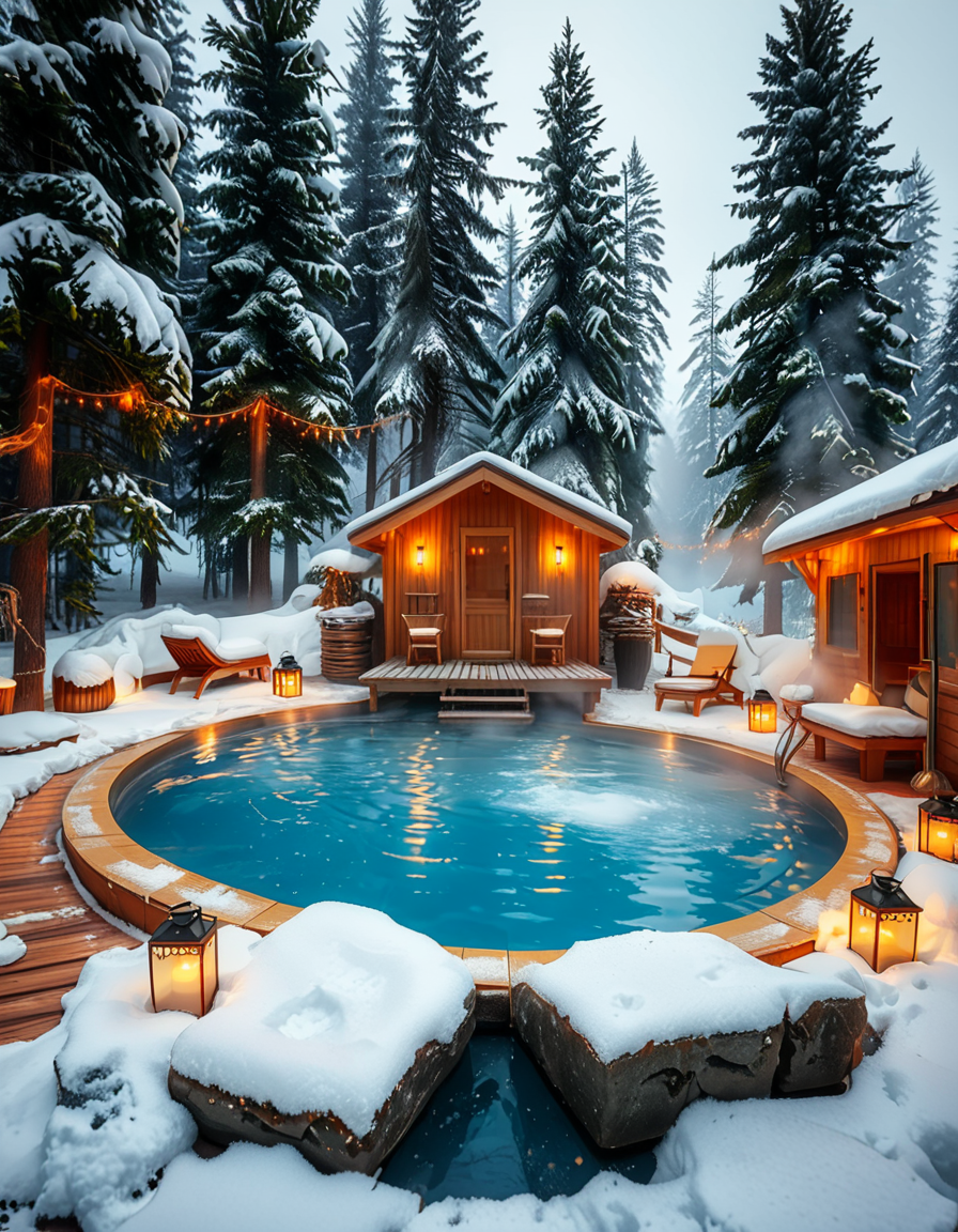 A breathtaking Nordic spa in the heart of a snowy forest, surrounded by tall evergreen trees. The scene captures a steaming outdoor hot pool with crystal-clear water, reflecting the soft glow of ambient lighting. A rustic wooden cabin with a snow-covered roof stands nearby, serving as a relaxation area. Wooden lounge chairs with neatly folded white towels are placed around the pool. A stone pathway, lightly dusted with snow, leads to the water, illuminated by warm, soft lanterns. A few people are seen enjoying the spa, some wrapped in cozy robes while others relax in the steaming water. The atmosphere is serene and tranquil, with mist rising from the hot pool, contrasting with the cold winter air. The lighting is warm and inviting, creating a perfect balance between natural beauty and luxurious comfort.
<lora:SDXLFaeTastic2400:0.4> <lora:extremely_detailed:0.4> extremely detailed, <lora:Nordic_sp4:1>,Nordic sp4, Masterpiece,best quality,hi res,8k,hi res,8k,award winning,(sharp focus, intricate, highly detailed),