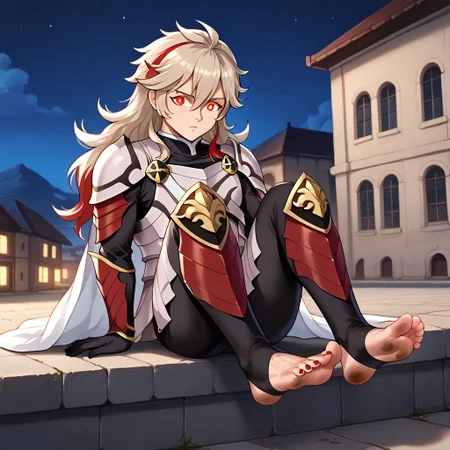 masterpiece, best quality, sharp aliasing, highly detailed, 1male, male body, male,EPfeCorrin, white cape with flames, armour, black gloves, black pants, wearing pants, outdoors, stone tiled ground, buildings, night, barefoot, toeless legwear, armoured legwear, shin armour, leg armour, leg and shin amour, stirrup legwear, black stirrups, 5 toes, Quality, High Definition, Full body view, solo, rengoku kyojuro, forked eyebrowns, long hair, two-etone hair, multicolored hair, red eyes, sword, red toenails, dirty feet, glowing eyes, sitting on ledge, feet, focus, shy expression, feet, soles, looking away