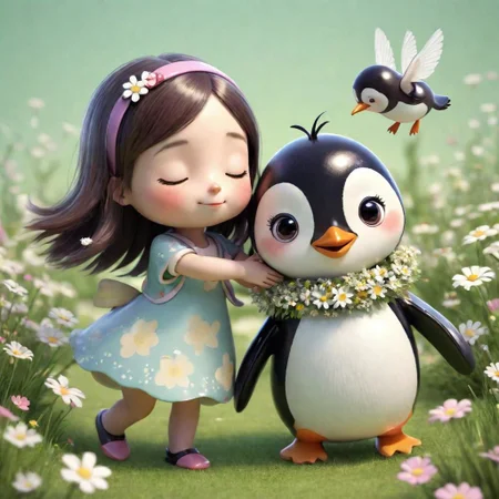 1girl, 3d, penguin girl, tiny penguins hugging a girl, peppermint designs, cute flying dancing bees, grass and flowers