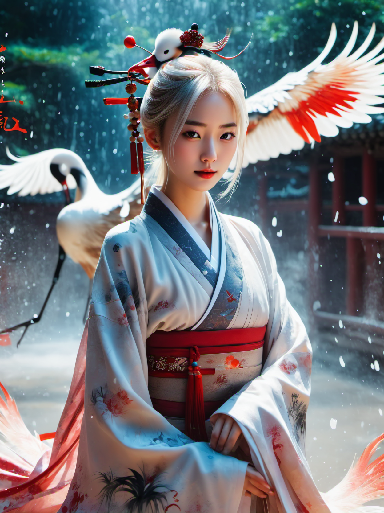 yanyuelou, Ink painting, ink painting, splash-ink, ink splash, calligraphy, Chinese characters, Chinese character backgroundï¼
(Red crowned crane:1.2)ï¼1girlï¼White hair, Hanfu,
A shot with tensionï¼(sky glows red,Visual impact,giving the poster a dynamic and visually striking appearance:1.2),Chinese Zen style,impactful picture,
<lora:yanyuelouSDXL-000008:0.8>