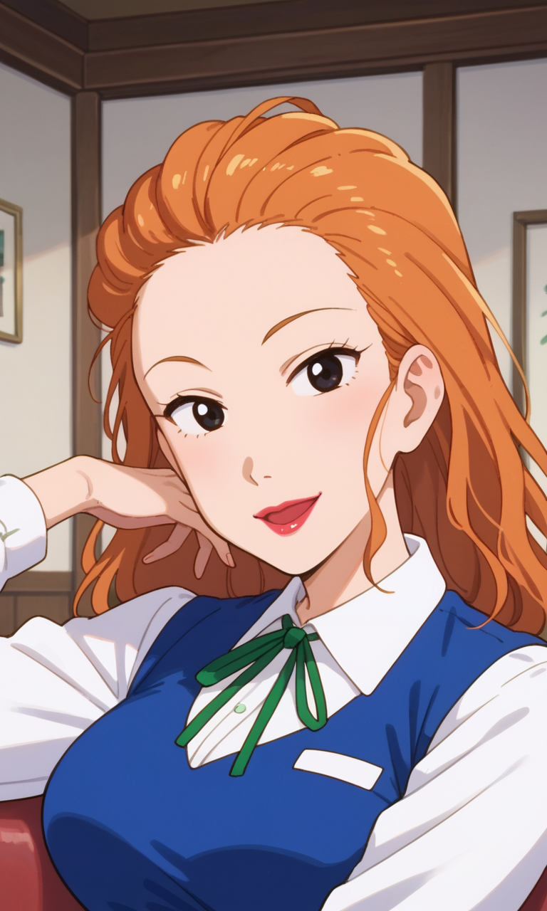 (1girl:1.5), (solo:1.3), (score_9, score_8_up, score_7_up, score_6_up, score_5_up, score_4_up), (source_anime), rating_questionable, looking at viewer,
 <lora:koshitani-junko_v1:0.9> (koshitani-junko), (black eyes, orange hair, long hair, slicked back hair, forehead, eyelashes, lips, lipstick), (blue dress, white shirt, collared shirt, long sleeves, green ribbon, neck ribbon), (large breasts),
indoors, 
smile,  ^ ^,  open mouth,  
 (portrait:1.3), (from front:1.3),
 hotel reception