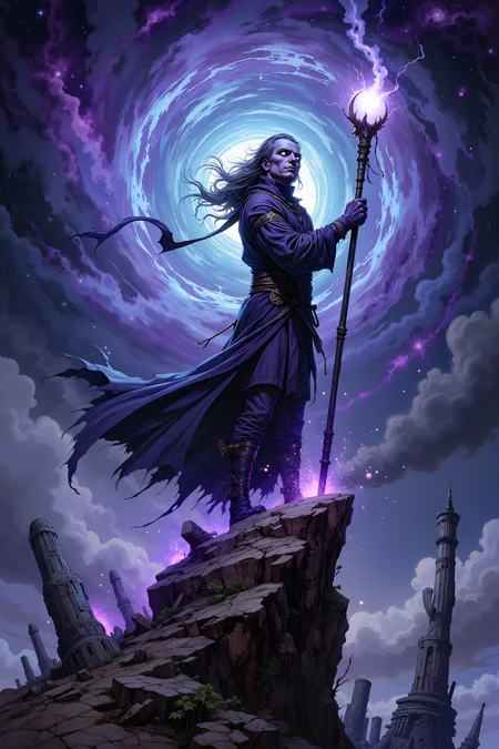 Standing at the precipice of a black hole that swirls with strange, luminous energy, a lone sorcerer with deep purple skin and glowing white eyes holds a staff etched with runes that pulse with the power of the cosmos. His long, dark robes billow in the wind, seemingly unaffected by the gravity that warps and twists the space around him. The void stretches out in front of him, an endless abyss of swirling, cosmic energy that pulls at the very fabric of reality. Surrounding him, the landscape is barren and cracked, the ground littered with the remnants of ancient, shattered stone pillars that glow faintly with forgotten magic. Above, the sky is filled with swirling galaxies and distant stars, their light distorted by the gravitational pull of the void. The sorcererâs eyes are fixed on the abyss, his expression calm yet determined, as though he is on the verge of unlocking the secrets of the universe itself. The scene is one of immense power and mystery, where the forces of creation and destruction converge at the edge of existence. , detailed background Fantastic lighting. Detailed shadows.intricate details, vivid colors, hyper-detailed, ultra-sharp, <lora:Dorota_Pietrowiak:0.3> Portrait by Dorota Pietrowiak <lora:Comic book V2:0.8> High-contrast illustration
