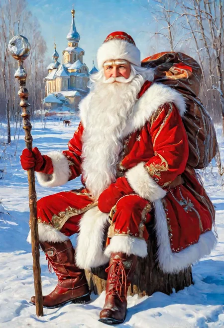 masterpiece, best quality, oil painting, DedMoroz, 1boy, stern face of an old man, thick eyebrows, kind eyes, long beard, sitting on stump, large canvas bag with gifts at his feet, red high boots, frozen, ice, magic staff, provincial Russian village in the background, snow, frost and sun, wonderful day, ultradetailed, <lora:DedMoroz:1>,  <lora:add-detail-xl:0.3>