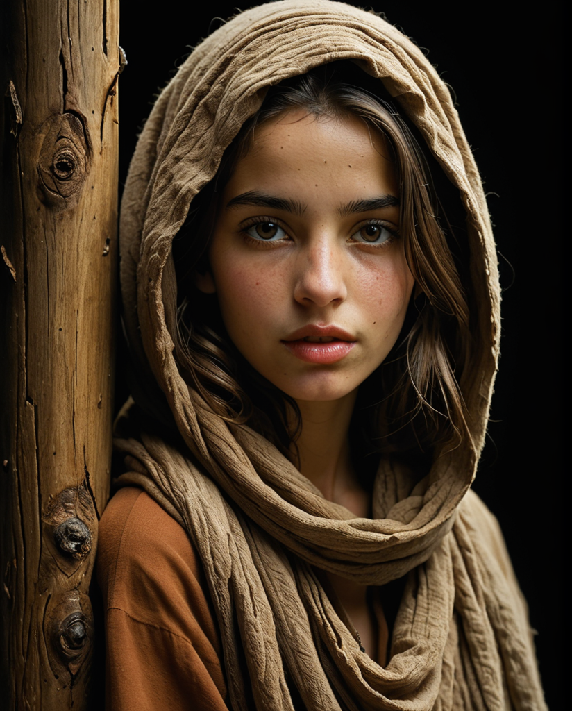 Full-length profile portrait of a girl with Arab features, with a wide hood, round face, loose hair, strands of hair covering her eyes and face, parted lips, full lips, perfect and hyper-detailed eyes, loose and messy brown hair, wide felt hood, scarf around the neck, earrings, looking from behind a wooden post, hands on the face, black background (Steve McCurry and Annie Leibovitz style, Helmut Newton), earthy tones, sensuality, desire, side lighting, Rembrandt lighting, very high contrast, hard shadows, photo quality, 4K, blur