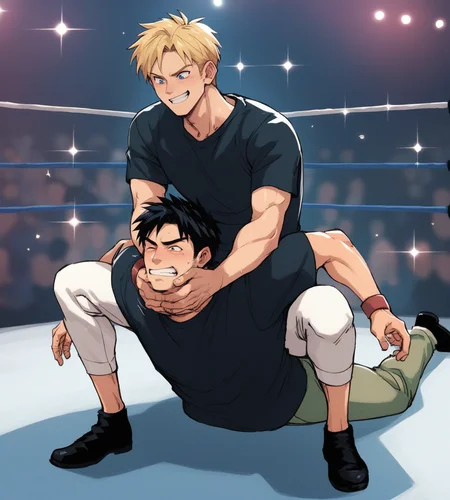 score_9,score_8_up,score_7_up,score_6_up,source anime BREAK,
2boys, shirt, black hair, blonde hair,
camel clutch, wrestling, on stomach, strangling, squatting, pants, smile,
<lora:camel_clutch-000013:0.85>