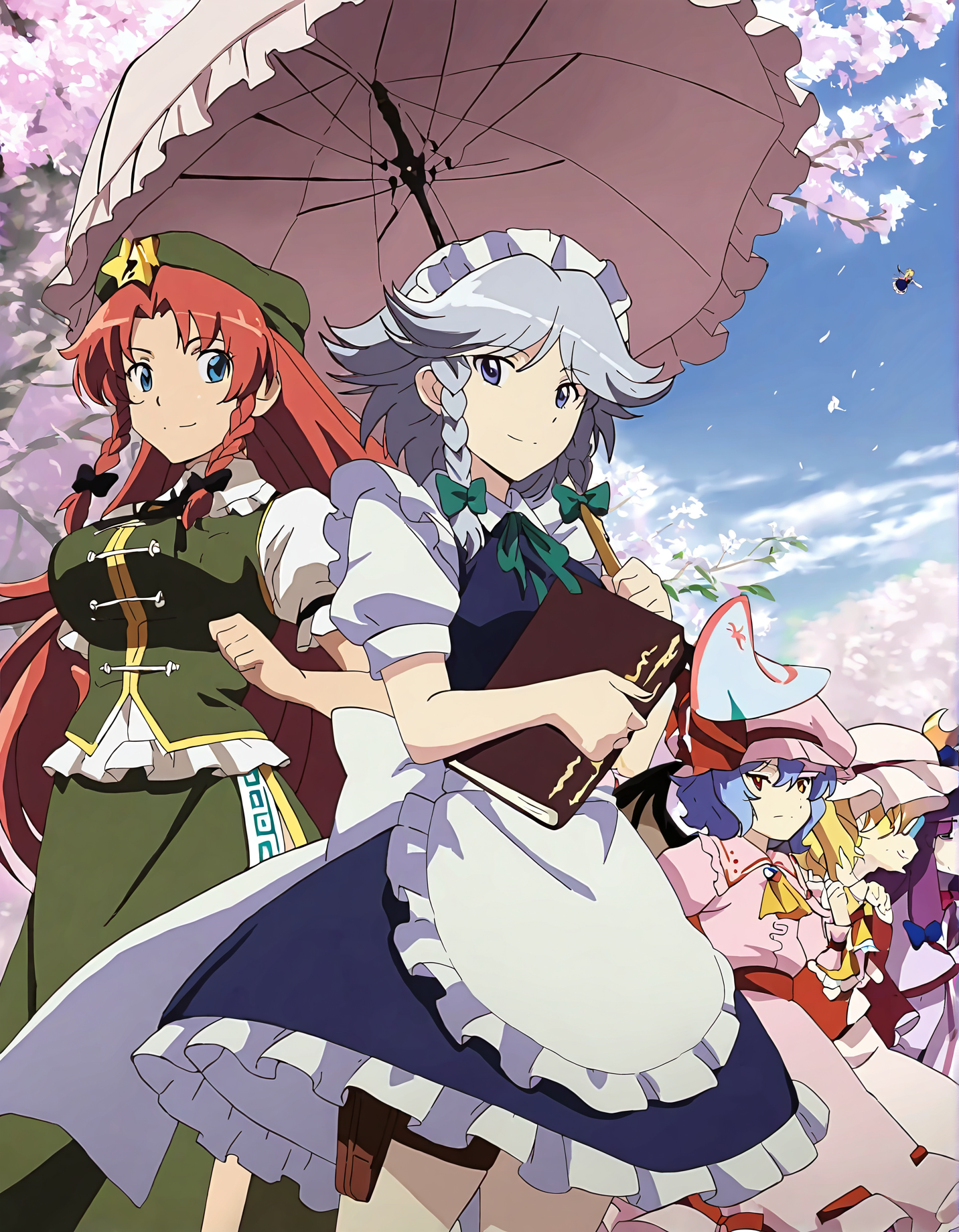 memoriesofphantasm, remilia scarlet, multiple girls, flandre scarlet, izayoi sakuya, patchouli knowledge, hong meiling, umbrella, hat, wings, blonde hair, book, parasol, purple hair, long hair, braid, bat wings, mob cap, red hair, tree, twin braids, cherry blossoms, maid headdress, red eyes, grey hair, dress, hat ornament, crescent, holding book, outdoors, ribbon, ascot, short sleeves, short hair, apron, holding, blue hair, purple eyes, skirt, maid, bow, holding umbrella, star (symbol), waist apron, general, day, shirt, puffy sleeves, frills, hat ribbon, wide sleeves, vest, puffy short sleeves, skirt set, sky, long sleeves, pink dress, crescent hat ornament, smile, hair bow, beret, standing, white shirt, arms up, wrist cuffs, side ponytail, green skirt, red ribbon, yellow ascot, red skirt, 5girls, very long hair, blue dress, blue eyes, star hat ornament, chinese clothes, blue sky, sensitive, crystal, thigh strap, looking at viewer, white apron, maid apron, striped clothes
very awa, masterpiece, best quality, year 2024, newest, highres, absurdres, <lora:memories-of-phantasm-style-noobai-vpred10-logit:1>