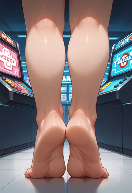 Dark interior, neon ambient light, arcade, feet from behind, standing at arcade machine, soles, tip toe, standing on ground, carpeted, score_9,score_8_up,score_7_up,score_6_up,source_anime,1girl,mistress,lower body,painted toenails, feet, barefoot