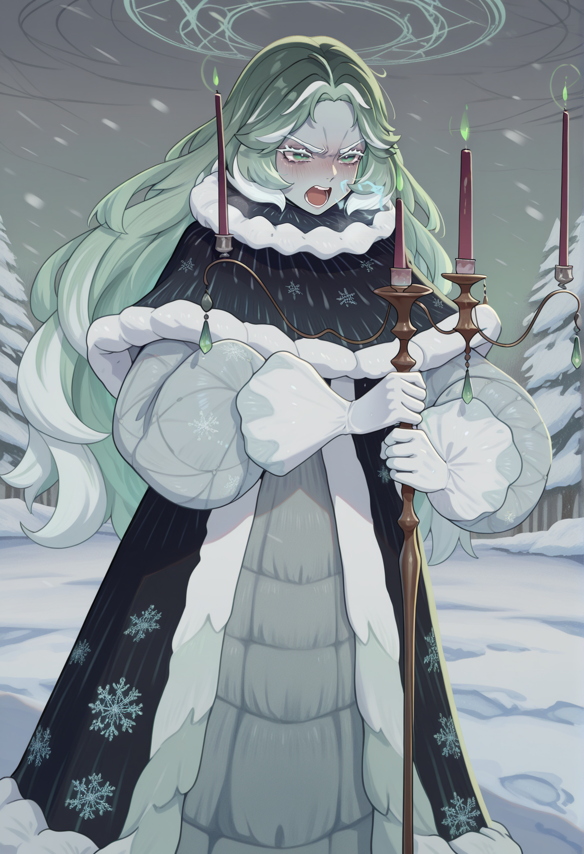 1girl, colored skin, grey skin, colored eyebrows, white eyebrows, colored eyelashes, white eyelashes, black eyelashes, multicolored hair, green hair, white hair, green eyes, whinter clothes, dress, coat, puffy sleeves, gloves, capelet, fur trim, snowflake print, solo, outdoors, angry, holding polearm, candlestand, casting spell, ice, snow, storm, open mouth, magic circle <lora:Carolina_AFK:1>, masterpiece, best quality, amazing quality, very aesthetic, absurdres, highres, newest