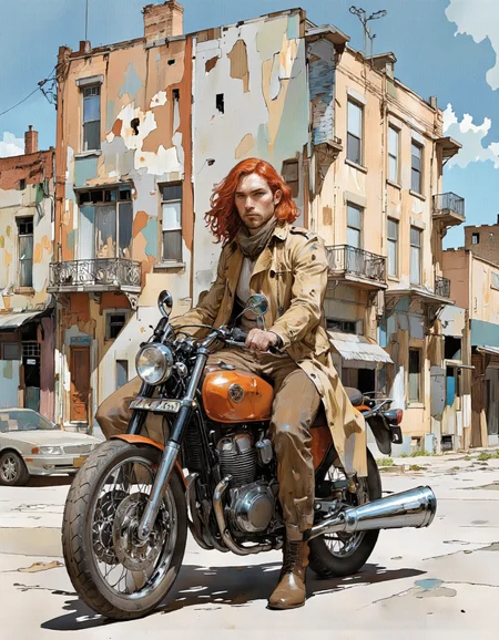 Ablatamahota style. A digital illustration shoot from the side about a man with long red hair riding a motorcycle in a gritty urban setting. the image also shows a man sitting on a motorcycle, wearing a beige trench coat, brown pants, and brown boots. on the middle of the image, a man, who appears to be in his mid-twenties, with a beard and a serious expression, is seated on the motorcycle. he has long, wavy red hair and is wearing a scarf around his neck. the motorcycle is an orange chopper with a chrome exhaust pipe and a round headlight. the man is wearing brown pants and a brown trench coat. in the background, there are old, dilapidated buildings with peeling paint and a car parked on the street. the sky is blue with a few clouds.