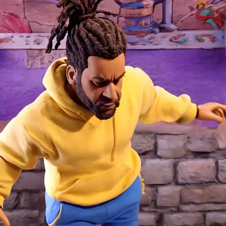 a photo of a cinematic still of rhwrld , dreads in a bun in the style of rbtchkn <lora:riiahworldxl:1> rhwrld <lora:jcoleXL:0.7> robot chicken, rbtchkn, robot chicken tv show, stop motion, depth of field , close up, wearing a yellow hoodie, wearing blue joggers, at a theme park, bleeding out of his shirt, bleeding from chest area
