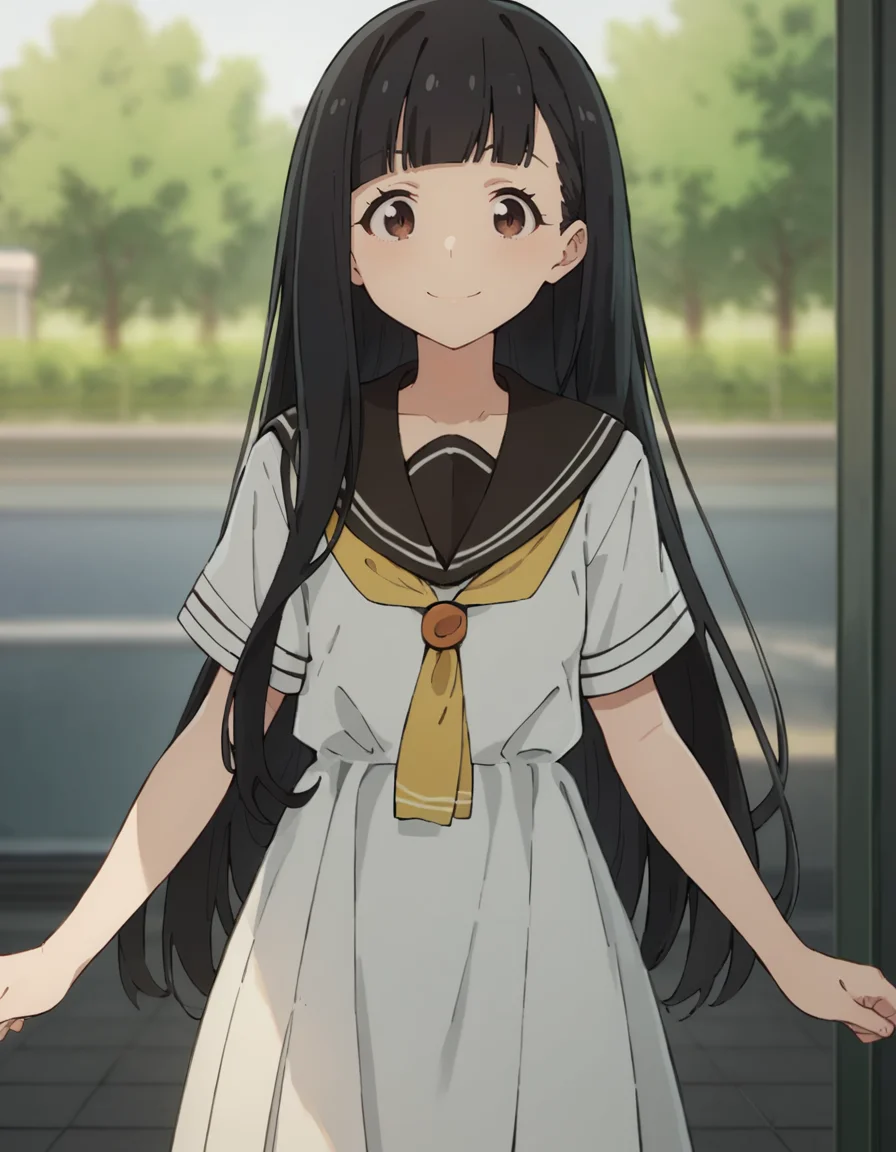 score_9, score_8_up, score_7_up, source_anime, BREAK
1girl, solo, looking at viewer, blurry background,front view,
kaju nukumizu, long hair, black hair, blunt bangs, brown eyes, light smile,
school uniform, serafuku, short sleeves, white shirt, yellow neckerchief, white dress,
<lora:kaju_nukumizu_anime_v2-soralz:0.9>
