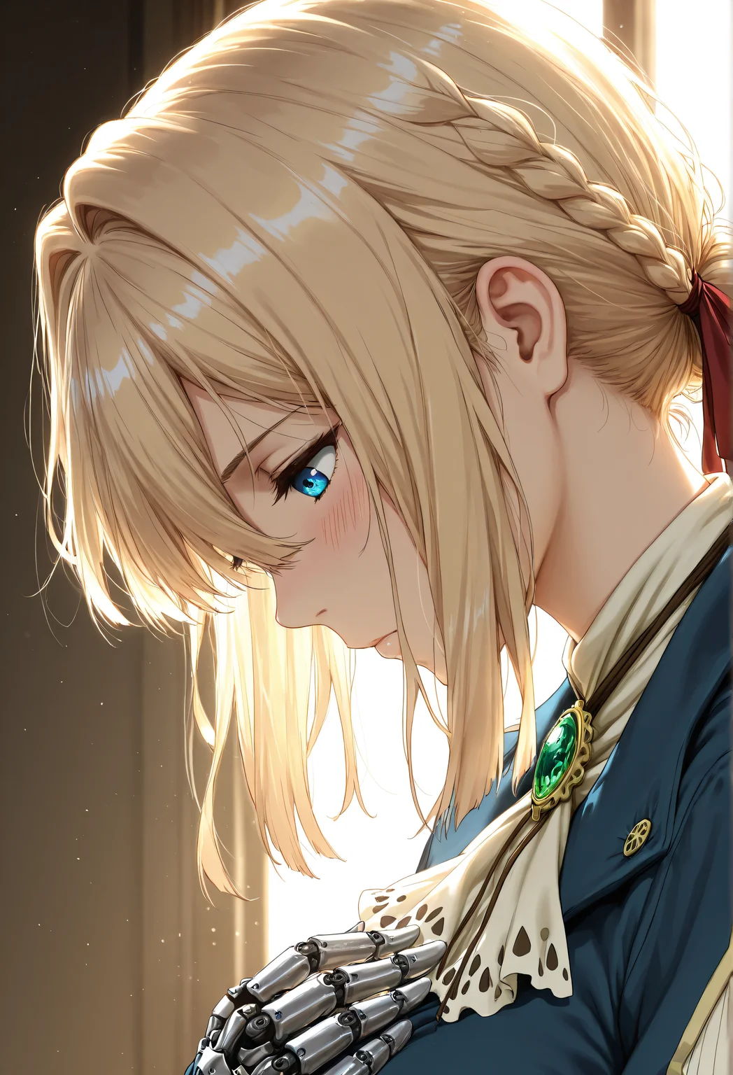 violet_evergarden, blonde hair, blue eyes, blue jacket, brooch, from side, looking down, blush, mechanical_hands, hand on chest, sunlight, windows, backlight, portrait, masterpiece, absurdres