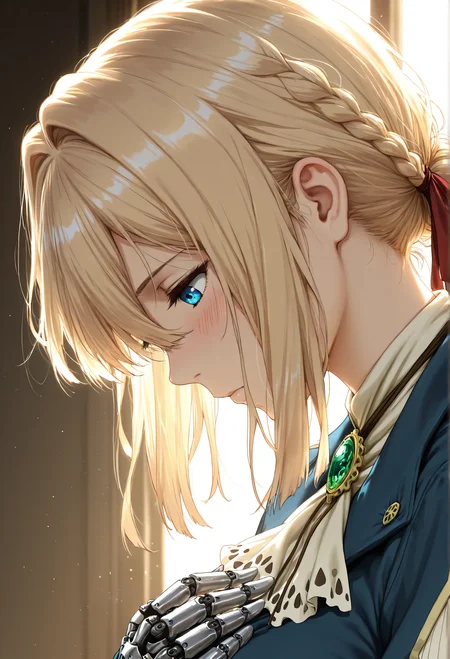 violet_evergarden, blonde hair, blue eyes, blue jacket, brooch, from side, looking down, blush, mechanical_hands, hand on chest, sunlight, windows, backlight, portrait, masterpiece, absurdres