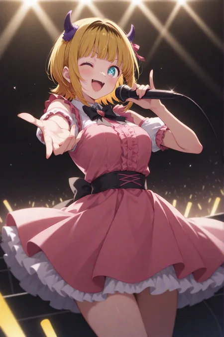 masterpiece best quality, absurdres very aesthetic, general, depth of field,intricate details, thin main lined,
memcho, (oshi no ko),b-komachi \(new\) idol costume,, a high-teens cute girlãon the stage, ;D,
(on the stage in background),,holding a microphone,singing,Yellow glow stick,
from front view,medium full shot,cinematic angle, <lora:neg4all_bdsqlsz_xl_V91:1>, <lora:aesthetic_anime_v1s:0.6>