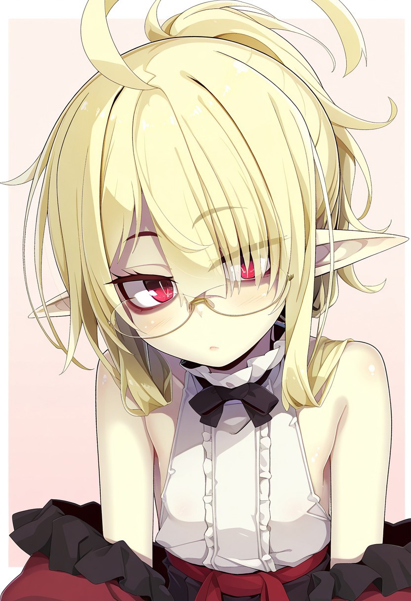 (1girl, solo) <lora:Airi_-_Ogami_Kazuki:1> airi, 1girl, blonde hair, glasses, red eyes, ahoge, hair over one eye pantyhose, skirt, pointy ears, sleeveless shirt, portrait ,(skindentation:1.2), shiny skin, shiny body, shiny hair, (best quality) , (highly detailed) ,((masterpiece)), ((best quality)), (ultra-detailed), ((extremely detailed)), (high resolution), 4K, (8K), best quality, (beautiful), (super detailed skin), sharp focus,detailed eyes、,shindol style, Shindol