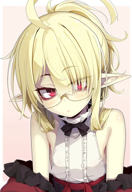 (1girl, solo) <lora:Airi_-_Ogami_Kazuki:1> airi, 1girl, blonde hair, glasses, red eyes, ahoge, hair over one eye pantyhose, skirt, pointy ears, sleeveless shirt, portrait ,(skindentation:1.2), shiny skin, shiny body, shiny hair, (best quality) , (highly detailed) ,((masterpiece)), ((best quality)), (ultra-detailed), ((extremely detailed)), (high resolution), 4K, (8K), best quality, (beautiful), (super detailed skin), sharp focus,detailed eyes、,shindol style, Shindol
