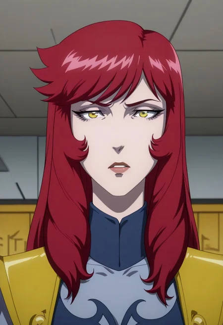 BoZStyle, A closeup of Teronna, 1girl, yellow eyes, long hair, red hair, cosaply as Hera.