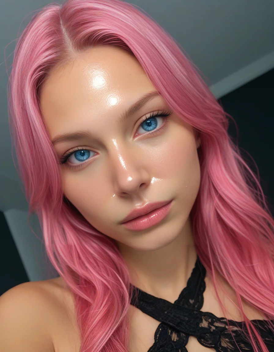 Stable_Yogis_PDXL_Positives2 extreme, godrays, 1girl, black room, pink hair, blue eyes, dutch_angle, , oiled, tease, face focus, skin texture focus