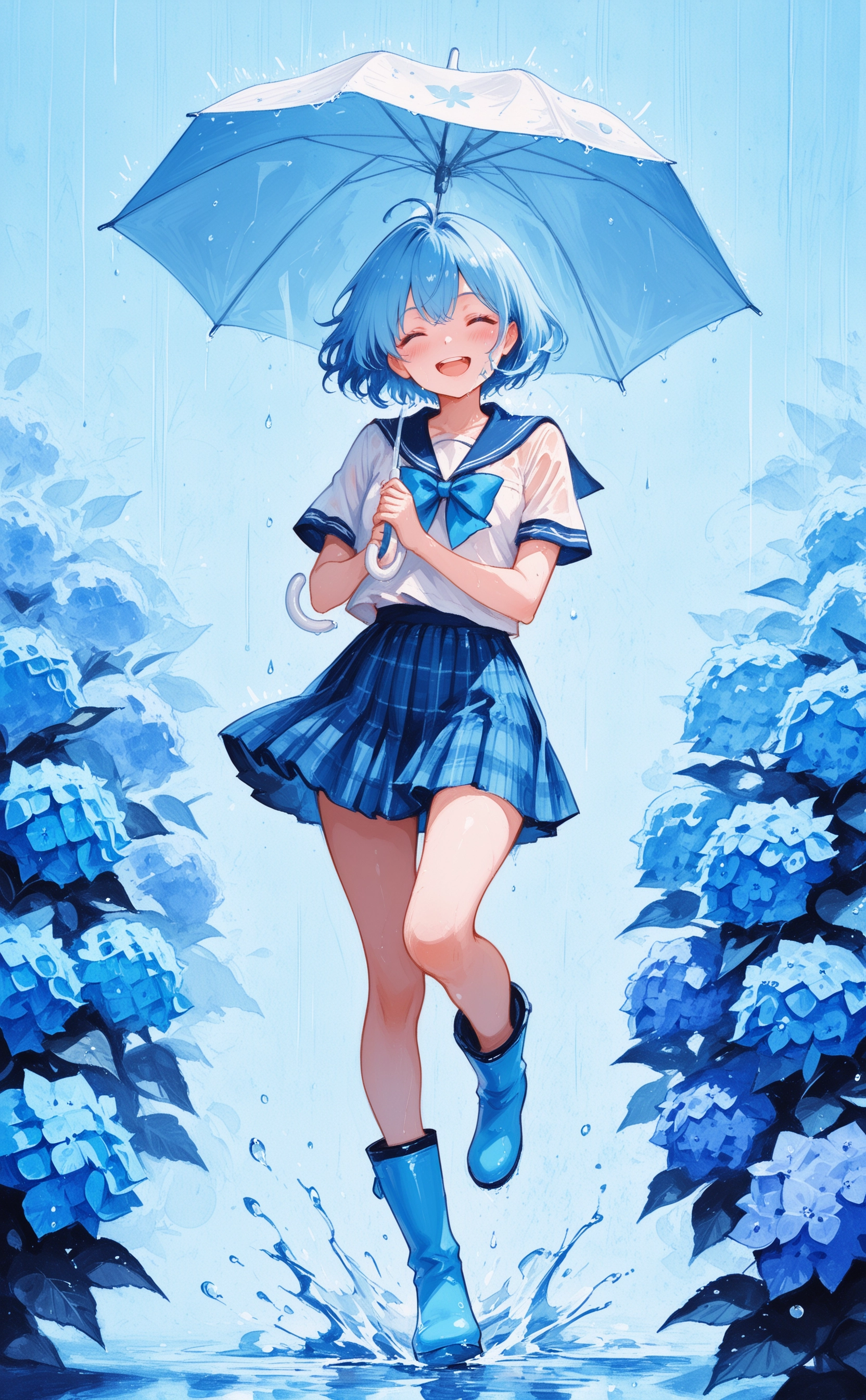 masterpiece, best quality, amazing quality, 1girl, solo, blush, smile, open mouth, short hair, shirt, skirt, holding, bow, standing, blue hair, school uniform, white shirt, full body, closed eyes, ahoge, flower, short sleeves, pleated skirt, boots, teeth, serafuku, bowtie, sailor collar, blue skirt, plaid, upper teeth only, blue bow, blue background, plaid skirt, umbrella, leg up, standing on one leg, blue sailor collar, facing viewer, blue flower, rain, blue theme, holding umbrella, blue bowtie, water drop, splashing, hydrangea, rubber boots, plaid background, white umbrella, blue umbrella, traditional media, monochrome, painting \(medium\), watercolor \(medium\), graphite \(medium\), fuyumur4s4ki_illu <lora:noobai_ep11_stabilizer_v0.138_fp16:0.3> <lora:ppw_v7_noobEv1.1:0.8> <lora:fuyumur4s4ki_style:0.7>