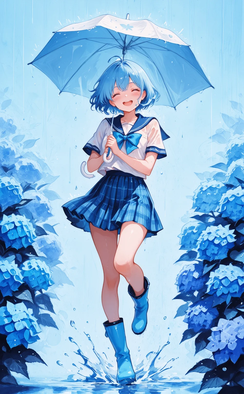 masterpiece, best quality, amazing quality, 1girl, solo, blush, smile, open mouth, short hair, shirt, skirt, holding, bow, standing, blue hair, school uniform, white shirt, full body, closed eyes, ahoge, flower, short sleeves, pleated skirt, boots, teeth, serafuku, bowtie, sailor collar, blue skirt, plaid, upper teeth only, blue bow, blue background, plaid skirt, umbrella, leg up, standing on one leg, blue sailor collar, facing viewer, blue flower, rain, blue theme, holding umbrella, blue bowtie, water drop, splashing, hydrangea, rubber boots, plaid background, white umbrella, blue umbrella, traditional media, monochrome, painting \(medium\), watercolor \(medium\), graphite \(medium\), fuyumur4s4ki_illu <lora:noobai_ep11_stabilizer_v0.138_fp16:0.3> <lora:ppw_v7_noobEv1.1:0.8> <lora:fuyumur4s4ki_style:0.7>
