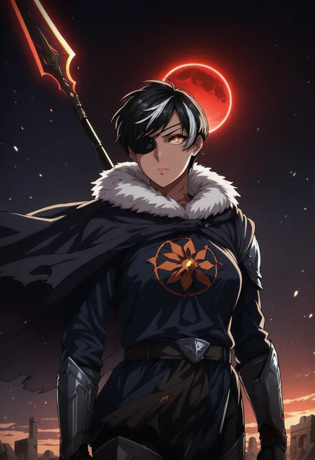 masterpiece, best quality, anime coloring, shiny skin, <lora:antechinusStyle_illusXL_Incrs_v2-000016:1>, 1girl,mature female,full armor,ornate armor,pixie cut,swept bangs,white hair,dark-skinned female,black hair,streaked hair,orange eyes,glowing eye,scars,aura,belt,outdoors,black sky,red sun,cowboy shot,spiked armor,print tabard,pauldrons,cape wind,leg armor,weapon over shoulder,holding giant spear,fur trim,looking to the side,cape,fantasy,surreal landscape,serious,dark theme,light particles,sunbeam,eclipse,ruins,wide shot,from below,eyepatch,backlighting