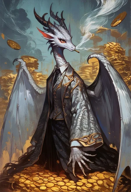 score_9, score_8_up, score_7_up, score_6_up, solo, cr33pp41nt, f3nn3r, female dragon, detailed background of gold coins, silver armor, big wings, smoke, formal suit, white dragon,