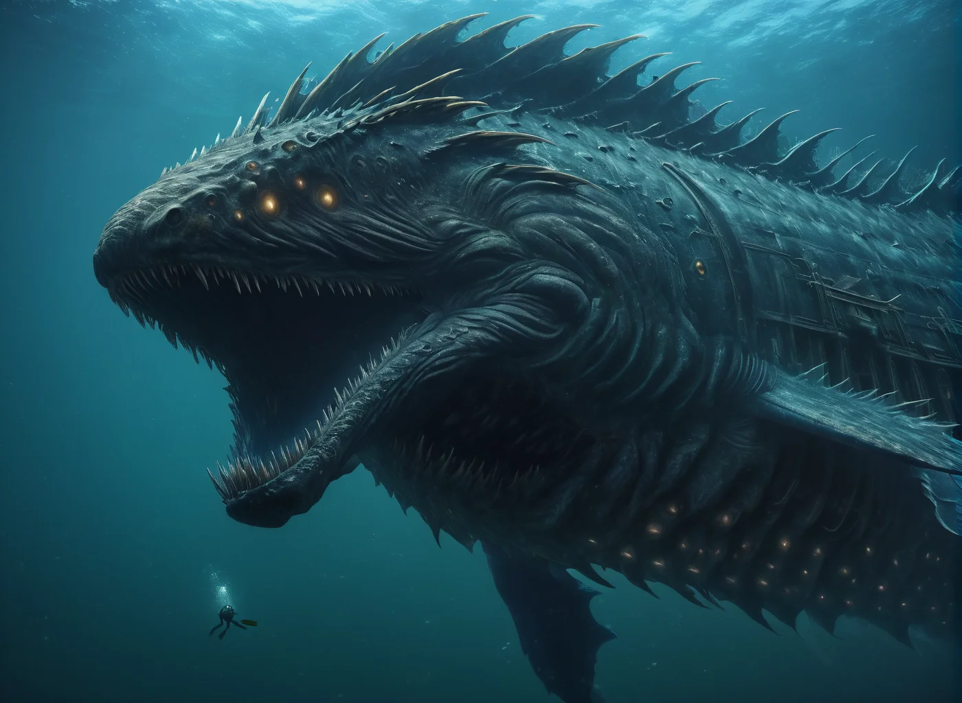 <lora:Leviathan_XL:1> leviathan a sea monster, underwater, under the ocean, depths, (masterpiece), best quality, highres, 4k, 8k, intricate detail, cinematic lighting, amazing quality, amazing shading, soft lighting, gloomy colors, dark aura, horror