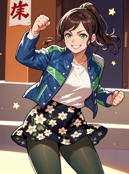 score_9, score_8_up, score_7_up, score_6_up,source_anime anime screencap     <lora:HammieKyuranger_r1:1>hammiekyuranger, solo, 1girl, jacket, black hair, pantyhose, smile, brown hair, long hair, ponytail, green eyes, floral print, star (symbol) smile skirt,  fighting stance,