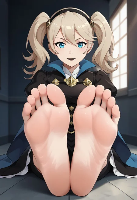 score_9, score_8_up, score_7_up, score_6_up, score_5_up, score_4_up, source_anime, BREAK, (masterpiece:1.4), (best quality:1.2), expressive eyes, perfect face, perfect anatomy, accurate anatomy, perfect feet, perfect soles, 1 girls, feet, soles, toes, foot focus, front view, smile, cute expression, clean feet, sitting, hands on ground, showing feet, barefoot,  PONYXL_WaifuFeetPics_ownwaifu, feet, perfect feet, soles, 4 toes in left foot, 4 toes in right foot, perfect anatomy, accurate anatomy, foot focus, feet, toes, sitting, Harleybtas,1girl,solo,twintails,short hair,blonde hair,blue eyes,black lips,medium breasts, Female_Corrin_(cosplay), black hairband, armored dress, armored pants, blue cape, puffy sleeves, juliet sleeves, vambraces, black gloves, barefoot, feet together, close up, feet close up