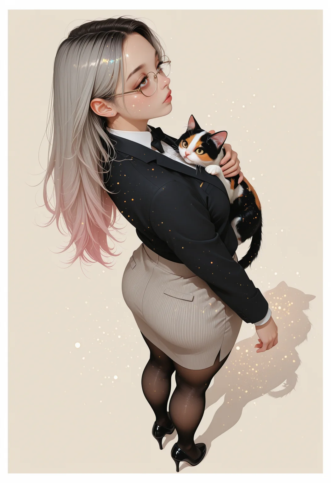 masterpiece, best quality, absurdres, volumetric lighting, dynamic lighting, cinematic lighting, dynamic pose , upper body shot, 1girl, solo, from behind, ((from above)), looking side, inner hair color, grey hair , gradient hair, long hair, messed hair , brown eyes, , ultra detailed eyes, medium breasts , abs, (office outfit), medium skirt, thick black pantyhose, pumps, rimless round glasses , , earrings, ear pierces , , BREAK [[skindentation]:0.5], chubby, ((chubby thick legs), thick legs, chubby legs), thick calf, muscular legs:0.95, petting calico cat, black cat, white cat, tuxedo cat, ( simple background, simple gradient pastel khaki background with white border ), , detailed eyes,perfect hands, sparkle, too many light particles,
<lora:ppw_v7_animv4_1_r2:0.6> <lora:748cm_illu:0.6> 7481llu <lora:69yottea_illu_v2:0.4> <lora:illustrious_all_rated_v1:0.6> masterpiece, best quality, very aesthetic, absurdres <lora:Random:1>