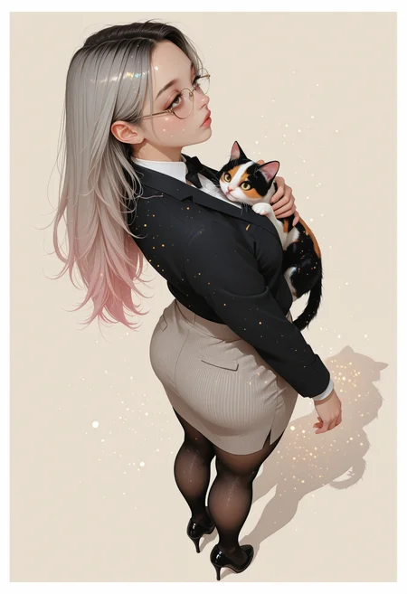 masterpiece, best quality, absurdres, volumetric lighting, dynamic lighting, cinematic lighting, dynamic pose , upper body shot, 1girl, solo, from behind, ((from above)), looking side, inner hair color, grey hair , gradient hair, long hair, messed hair , brown eyes, , ultra detailed eyes, medium breasts , abs, (office outfit), medium skirt, thick black pantyhose, pumps, rimless round glasses , , earrings, ear pierces , , BREAK [[skindentation]:0.5], chubby, ((chubby thick legs), thick legs, chubby legs), thick calf, muscular legs:0.95, petting calico cat, black cat, white cat, tuxedo cat, ( simple background, simple gradient pastel khaki background with white border ), , detailed eyes,perfect hands, sparkle, too many light particles,
<lora:ppw_v7_animv4_1_r2:0.6> <lora:748cm_illu:0.6> 7481llu <lora:69yottea_illu_v2:0.4> <lora:illustrious_all_rated_v1:0.6> masterpiece, best quality, very aesthetic, absurdres <lora:Random:1>
