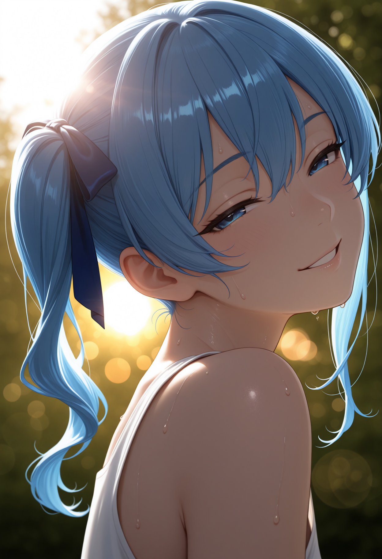 masterpiece, best quality, 1girl, solo, H0sh1mach1Su1se1, blue eyes, blue hair, side ponytail, blue hair ribbon, looking at viewer, portrait, white tank top, sweat, outdoors, depth of field, smile, half-closed eyes, bokeh, bloom, backlighting, lens flare, three quarter view, from side, head tilt, parted lips, <lora:ChamHoshimachiSuiseiNoob:1>
