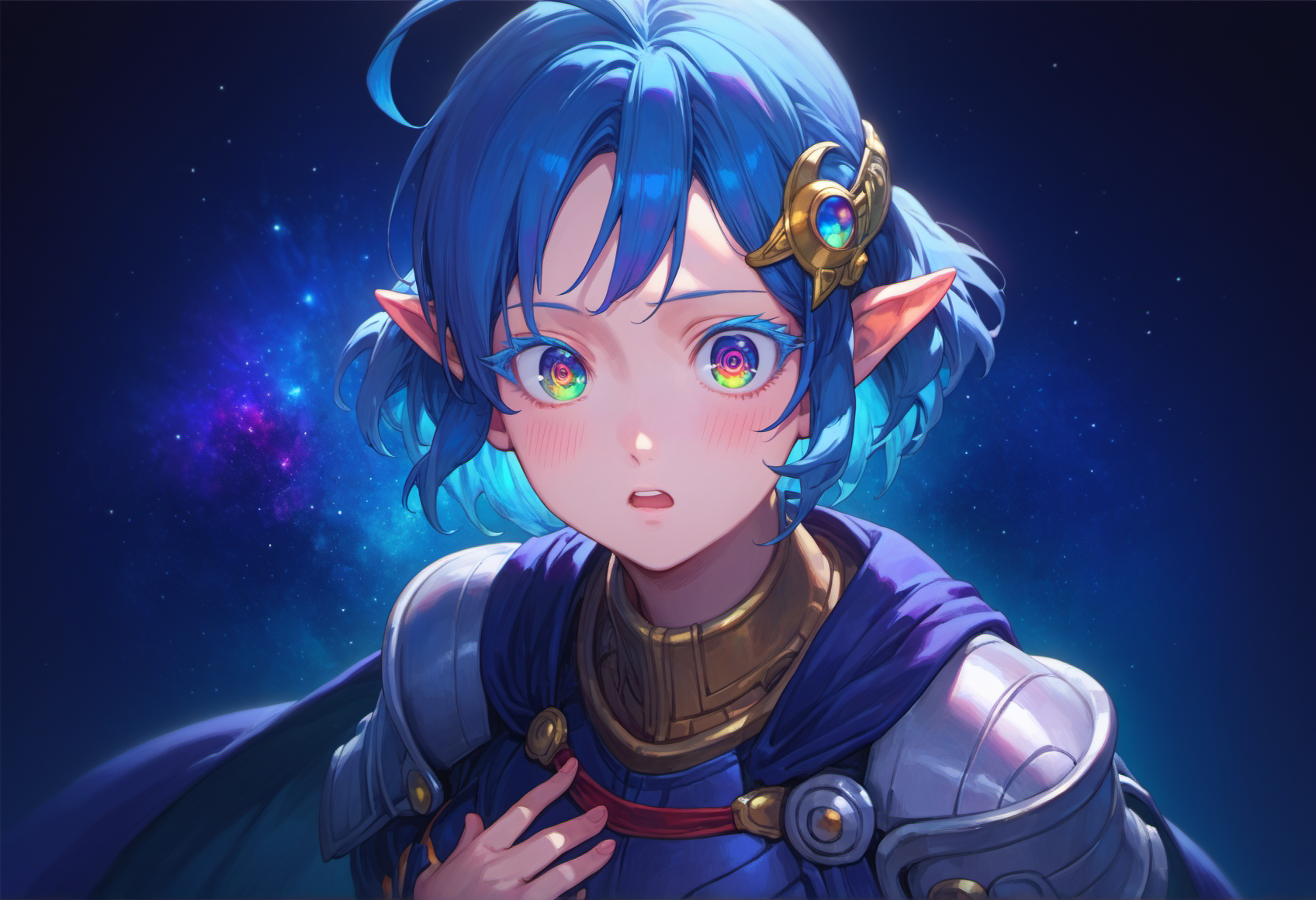 score_9, score_8_up, score_7_up, score_6_up,
star ocean, 1girl, rena lanford, ahoge, armor, [blue:opal:0.5] eyes, blue hair, cape, hair ornament, pleated skirt, pointy ears, short hair, beautiful detailed eyes, jirai kei, colored eyelashes, :o, shocked, hand on chest, blush, cute,
from above, upper body, (close-up:1.4), space, star \(sky\), spiral galaxy, official wallpaper, backlighting,
 <lora:yukihiro_kajimoto_so2r_pony:0.8>
<lora:IOS_Iridescent_opal_style:0.8>