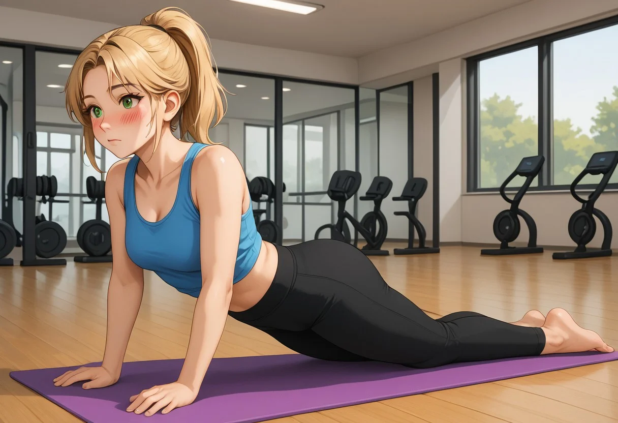 1girl, blonde ponytail, green eyes, 20yo, yoga, tank top, yoga pants, blush, chatgptanime
