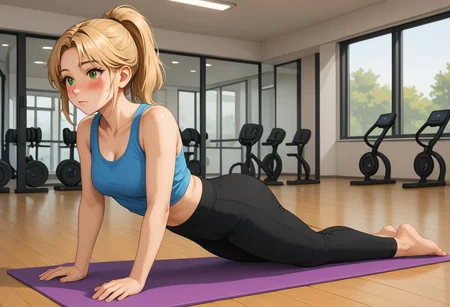 1girl, blonde ponytail, green eyes, 20yo, yoga, tank top, yoga pants, blush, chatgptanime