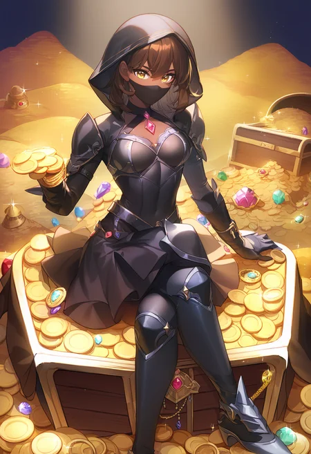 score_9, score_8_up, score_7_up, source_anime,ultra details, soft lighting, hires,rating:questionable, sexy body, young, safe,dark skin,skirt, dark-skinned female, feminine leather armor,face mask, black outfit, 1girl,(hood up),medium breasts, yellow eyes, medium hair, brown hair,stone wall, (sitting on treasure chest:1.2), treasure-room,treasure, treasure chest,jewelry, pile of gold, gold coin, (gemstone:1.2), thief, <lora:treasure (pony) v1:1>, crossed legs