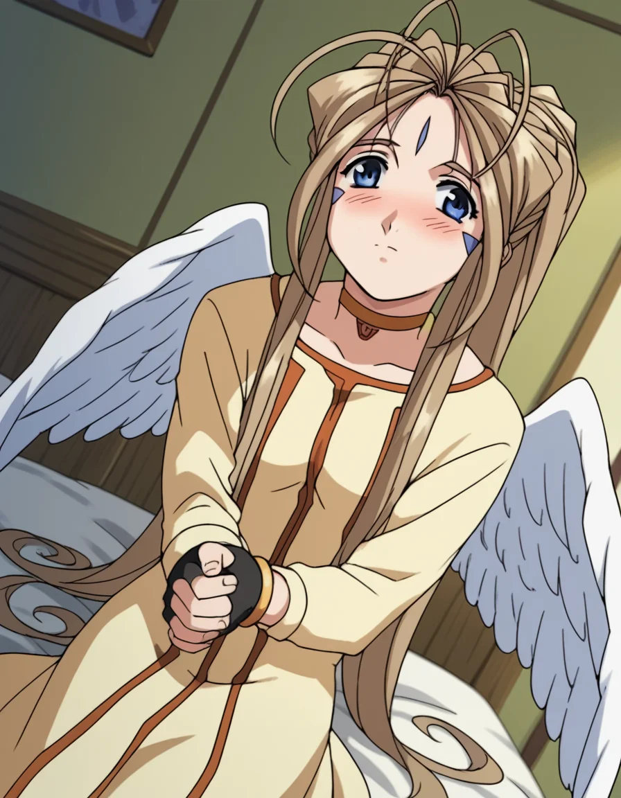 score_9, score_8_up, score_7_up, source_anime,
belldandy, <lora:belldandy-s2-ponyxl-lora-nochekaiser:1>,
belldandy, long hair, blue eyes, brown hair, facial mark, forehead mark,
gloves, wings, choker, fingerless gloves, bracelet, ring, feathers, angel wings,
indoors, bed, bed room, on side, blush, drunk,
cowboy shot, solo, dutch angle, looking at viewer,
