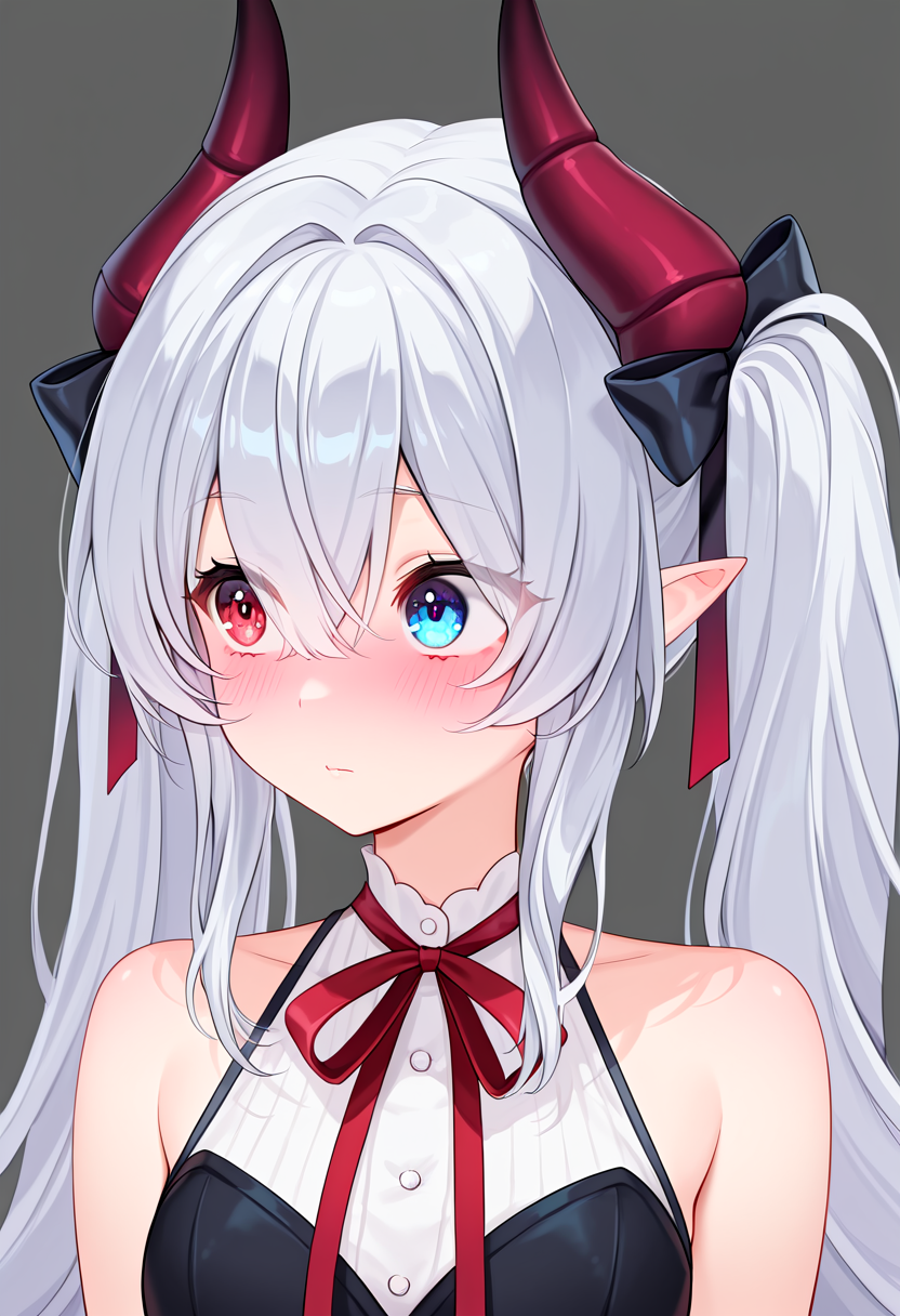 masterpiece, best quality, absurdres, rejection_reaction, 1girl, solo, long hair, blush, blue eyes, simple background, red eyes, bow, ribbon, hair between eyes, bare shoulders, twintails, closed mouth, white hair, hair bow, grey hair, horns, pointy ears, grey background, red ribbon, black bow, heterochromia, looking away, demon girl, eyes visible through hair, demon horns,   <lora:rejection_reaction_meme-09-IL:1>