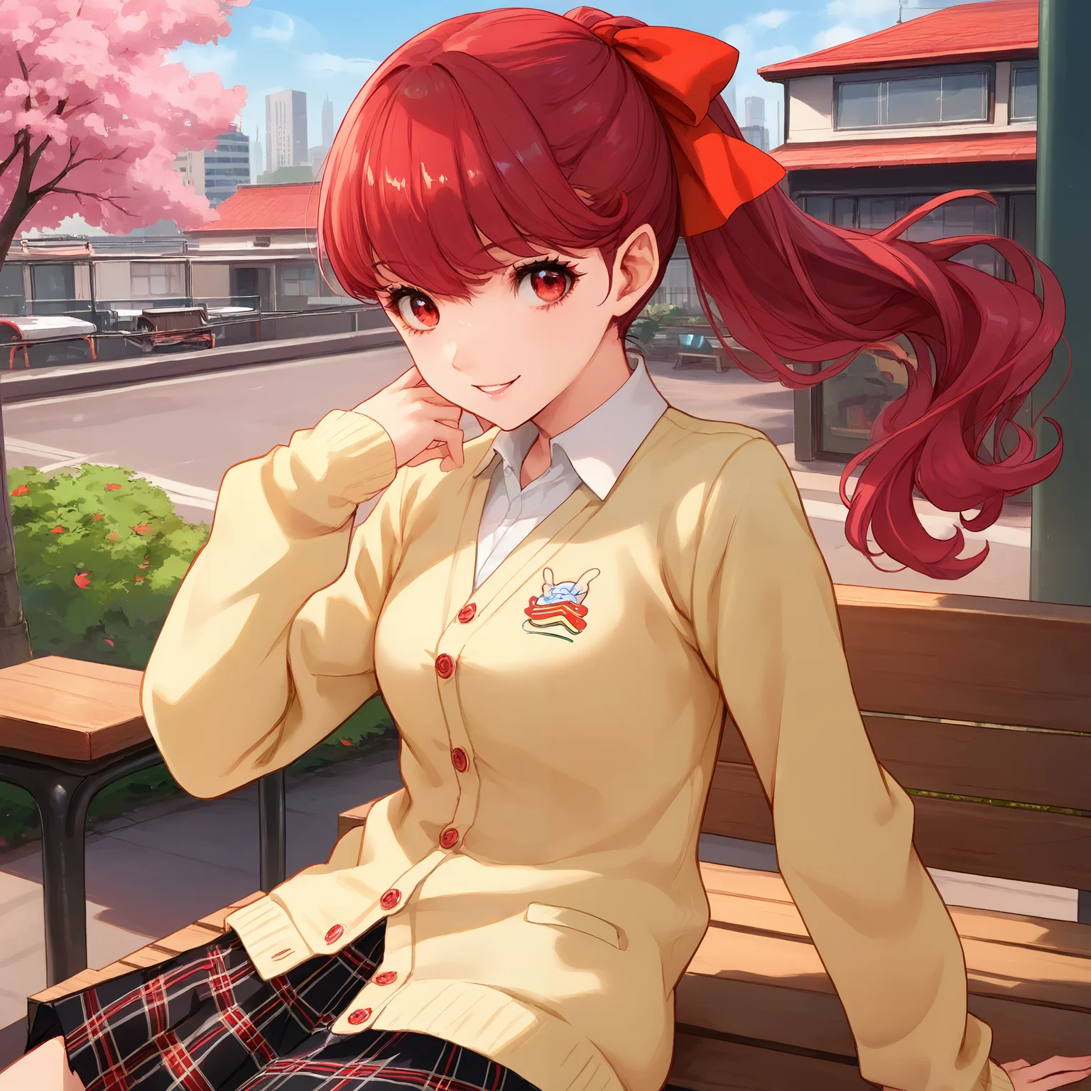 score_9, score_8_up, score_7_up, score_6_up, score_5_up, score_4_up, BREAK source_anime, look at viewer, rating_safe, 1girl, solo, city, cherry blossom, sitting, bench, smiling, masterpiece, best quality, high detailed skin, yoshizawa kasumi, summerxl, long hair, ponytail, red hair, hair ribbon, red eyes, white shirt, collared shirt, yellow cardigan, pleated skirt, school uniform, shuujin academy school uniform,