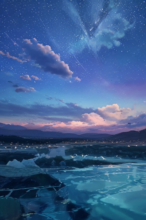 (masterpiece, best quality:1.4), high res, dramatic, scenery, large area sky, starfall, night, sky, stars, <lora:conceptBetterSky_sky:0.7>, puffy clouds, water surface, 3DMM mountain,  <lora:Detailed_Places_R-128_v1:0.7>