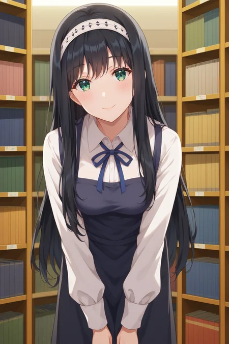 score_9, score_8_up, score_7_up, source_anime, 1girl, prefect lighting, very aesthetic, intricate details, highly detailed background, masterpiece, high quality, prefect hands, best quality, solo,
<lora:Shiori_Yomiuri_Days_with_My_Stepsister_V1:.85>, kjoshiori, green eyes, black hair, long hair, bangs, headband,
collared shirt, apron, black skirt, pantyhose,
leaning forward, head tilt, blush, smile,
Store, bookshelf, bookstore,
(Beautiful, medium Breasts:1.2), natural breasts,