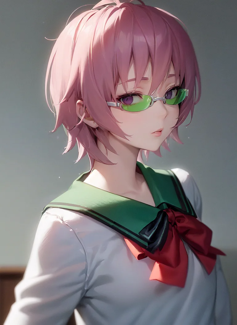 masterpiece, best quality, saiki kusuo, 1girl, solo, serafuku, glasses, upper body BREAK white background, simple background <lora:Saiki Kusuo (Saiki Kusuo no Psi-nan):1>