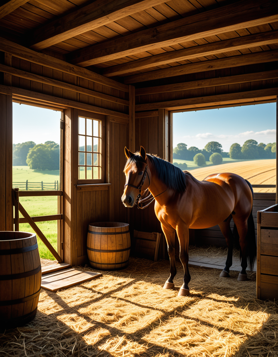 A rustic horse stable in the countryside, built with aged wooden beams and stone foundations, bathed in warm golden sunlight. The stable doors are slightly open, revealing the soft hay-covered floor inside. Horses stand calmly in their stalls, their glossy coats catching the light. Dust particles float in the air, illuminated by the sunbeams filtering through the gaps in the wooden planks. The atmosphere is serene, with a vintage, timeless feel. Weathered saddles and bridles hang neatly on the stable walls, and an old wooden cart sits nearby. The background features rolling green fields and a clear blue sky, creating a peaceful rural setting. Ultra-detailed, photorealistic, warm tones, cinematic lighting, sharp textures.
<lora:SDXLFaeTastic2400:0.4> <lora:extremely_detailed:0.4> extremely detailed,<lora:rustic_horse_st4bl3:1>,rustic horse st4bl3, Masterpiece,best quality,hi res,8k,hi res,8k,award winning,(sharp focus, intricate, highly detailed),