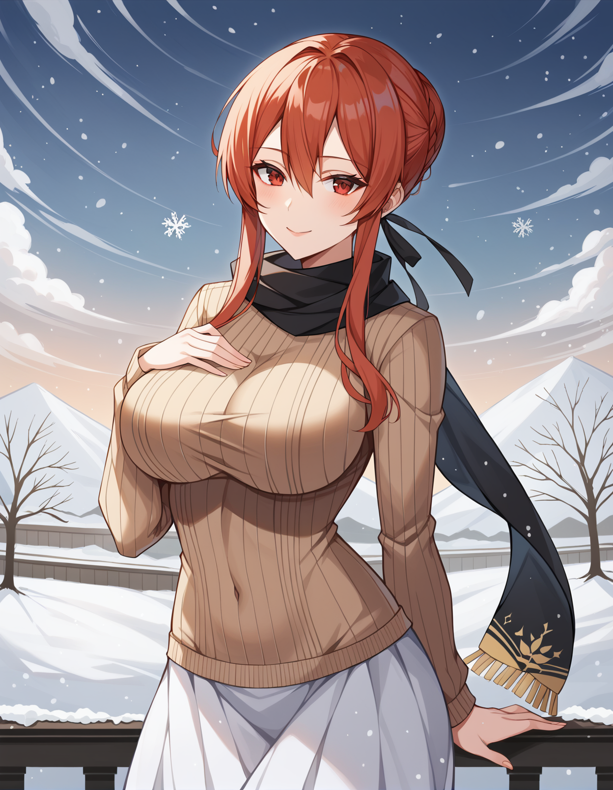 score_9, score_8_up, score_7_up, source_anime, rating_safe, BREAK <lora:azureMonarchXL_LoRA-C3Lier_AdamW_Dim8_Alpha8_UN-3e-4_TE-1.5e-4_10batch_ponyDiffusionV6XL_v6StartWithThisOne:1>, monarch \(azur lane\), 1girl, red eyes, red hair, french braid, short hair with long locks, single hair bun, sidelocks, large breasts, hair ribbon, black ribbon, black scarf, ribbed sweater, brown sweater, long sleeves, winter clothes, long skirt, hand on own chest, :o, light smile, head tilt, snow, snowing, cloudy sky, cloud, city, tree