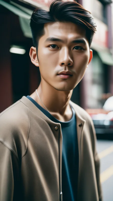 analog photo, closeup portrait photo of 24 years old asian man, natural skin, looks at viewer, city street, (cinematic shot, film grain:1.1), ultra detailed
