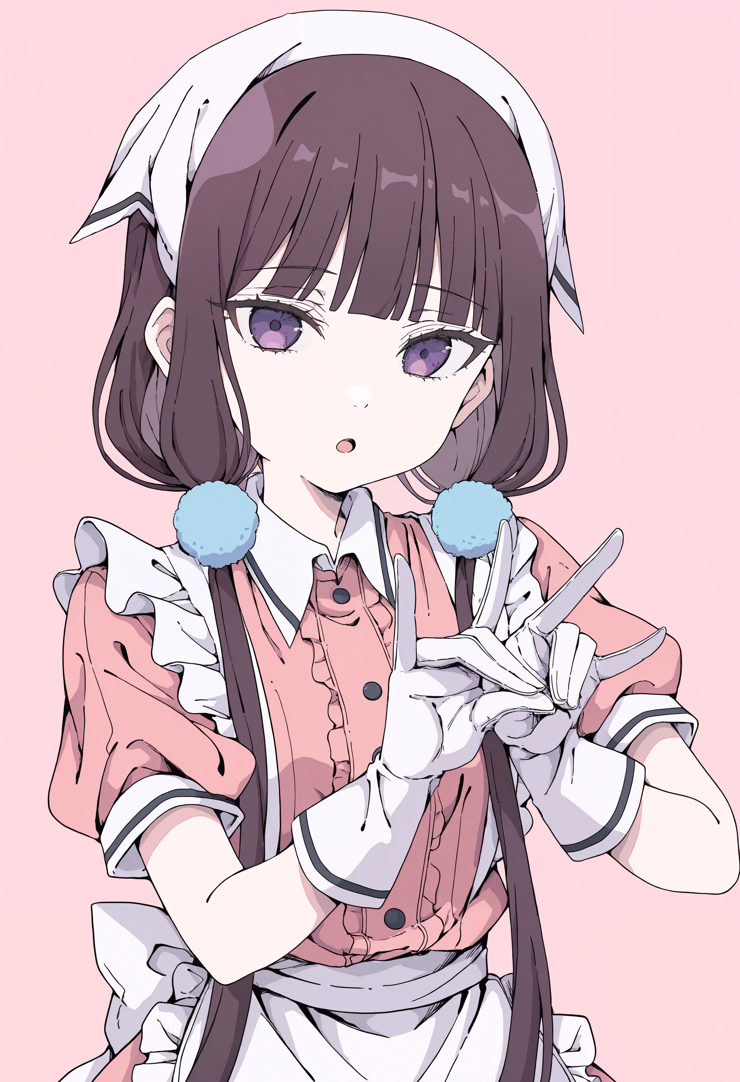 masterpiece, absurdres, newest, very awa,   1girl, solo, sakuranomiya maika, blend s, brown hair, maid outfit, pink clothes, apron, maid headdress, white gloves,    standing, face focus, fox shadow puppet, detailed hands, perfect hands, :o,   pink background,  <lora:haku_geroda>,