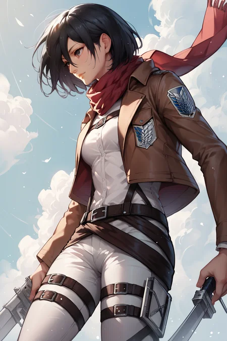 score_9, score_8_up, score_7_up, score_6_up, score_5_up, score_4_up, <lora:mikasa ackerman-PonyXL:0.8> mikasa ackerman, black eyes, black hair, short hair, white shirt, thigh strap, open cropped brown jacket, red scarf, white pants, survey corps \(emblem\), boots, standing,