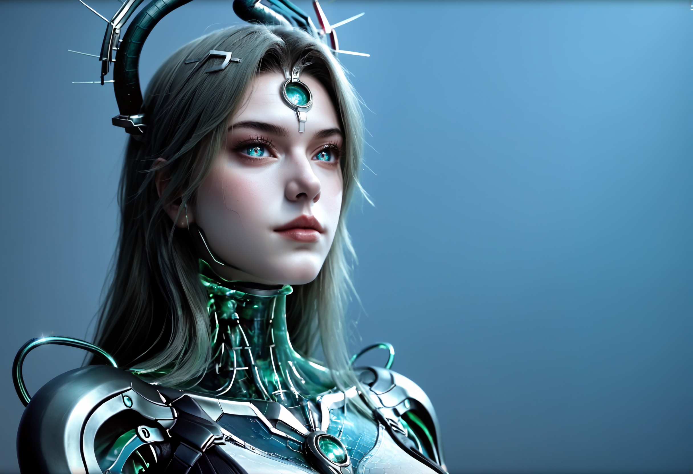 Masterpiece, best quality, amazing quality, very aesthetic, high resolution, ultra-detailed, absurdres, HDR, cinematic lighting, highres, newest, 
PoYu, snake woman, cyborg lamia, futuristic snake-themed character, biomechanical hybrid, snake tail lower body, green hair, 1girl, solo, lips, long hair, smile, makeup, cyborg, lipstick, metallic body parts, teal glowing eyes, forehead jewel, cyberpunk aesthetic, techno-organic design, snake horns, glowing teal highlights, holographic elements
