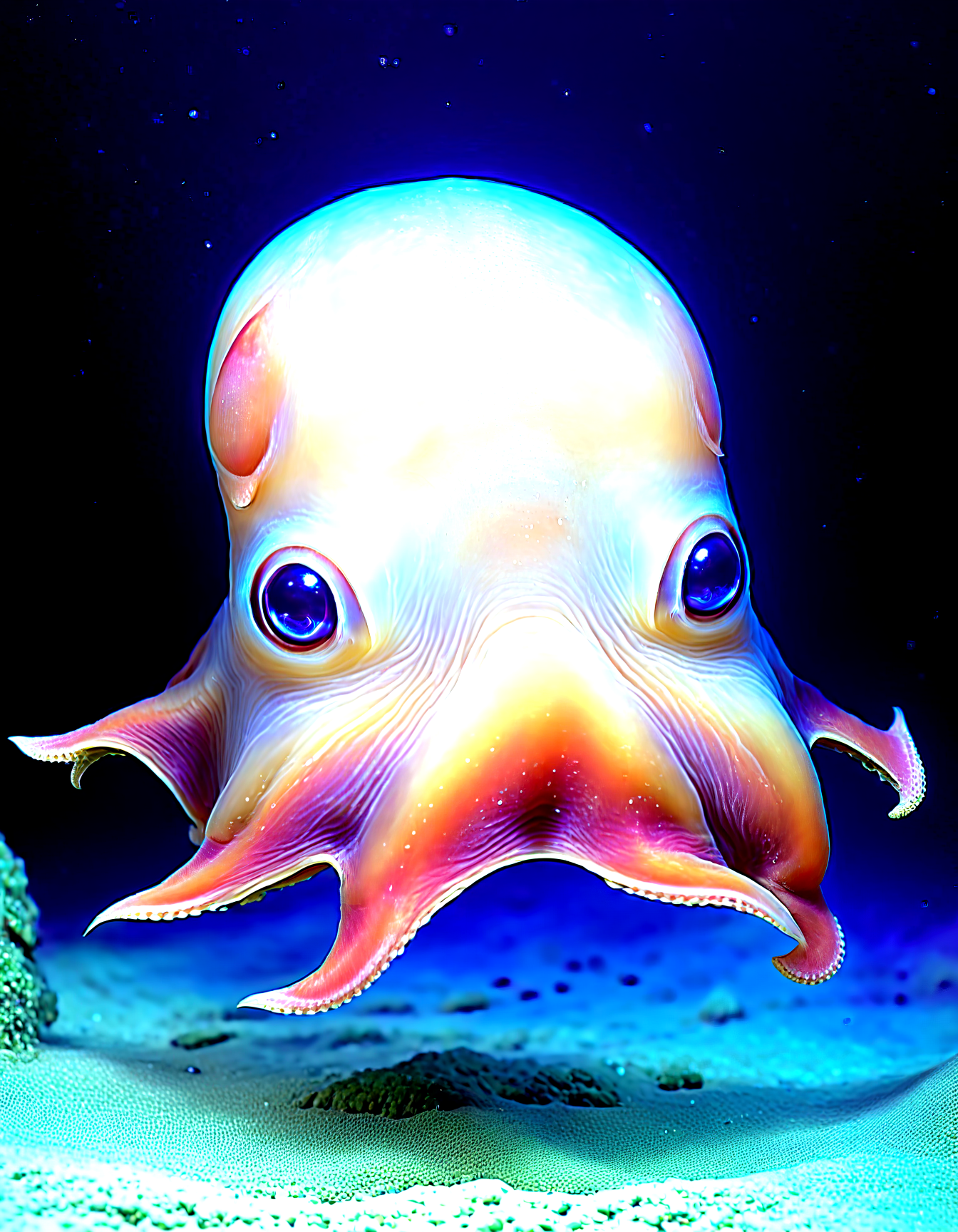 Close-up, Dumbo octopus, deep-sea environment, large expressive eyes, bioluminescent creatures and plants, soft ethereal glow, dreamlike atmosphere,hyperrealistic, dumbo_oktopus, A close-up of a Dumbo octopus in a deep-sea environment, its large, expressive eyes capturing a sense of wonder. Around it, bioluminescent creatures and plants emit a soft, ethereal glow, creating a dreamlike atmosphere.